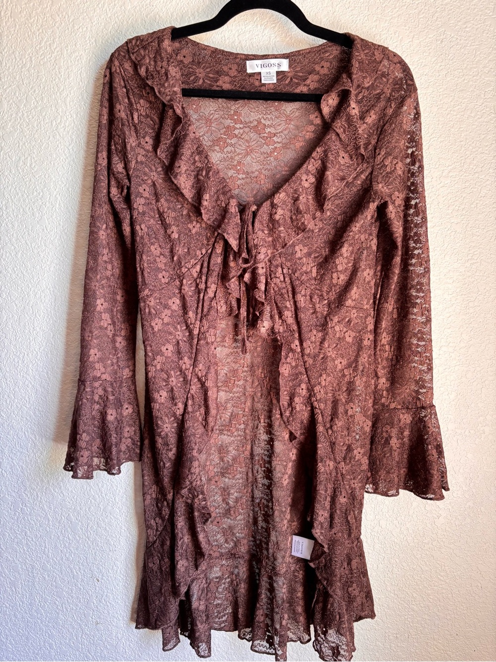 Lace Brown Floral Ruffle bell -Sleeve Sheer Cardigan Fairycore Ethereal